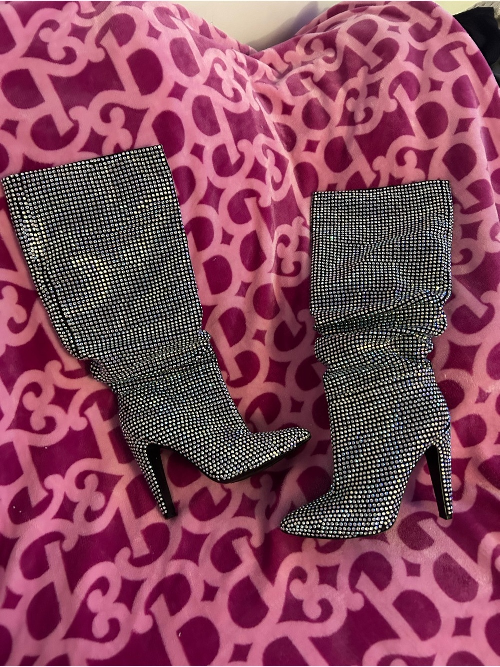 Black Rhinestone Slouch Stiletto Knee Boots